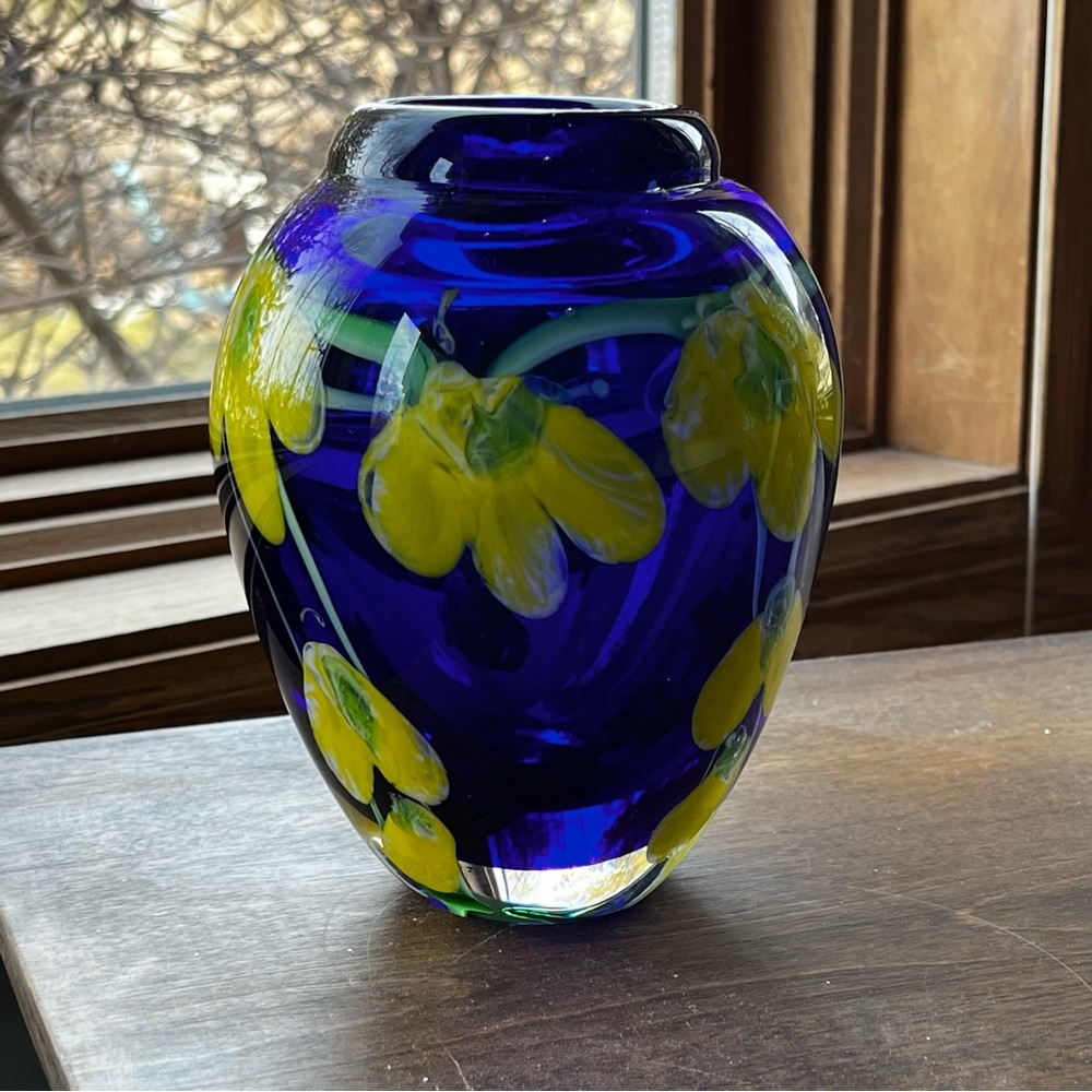 Art Glass Vase Blue with Yellow Flowers